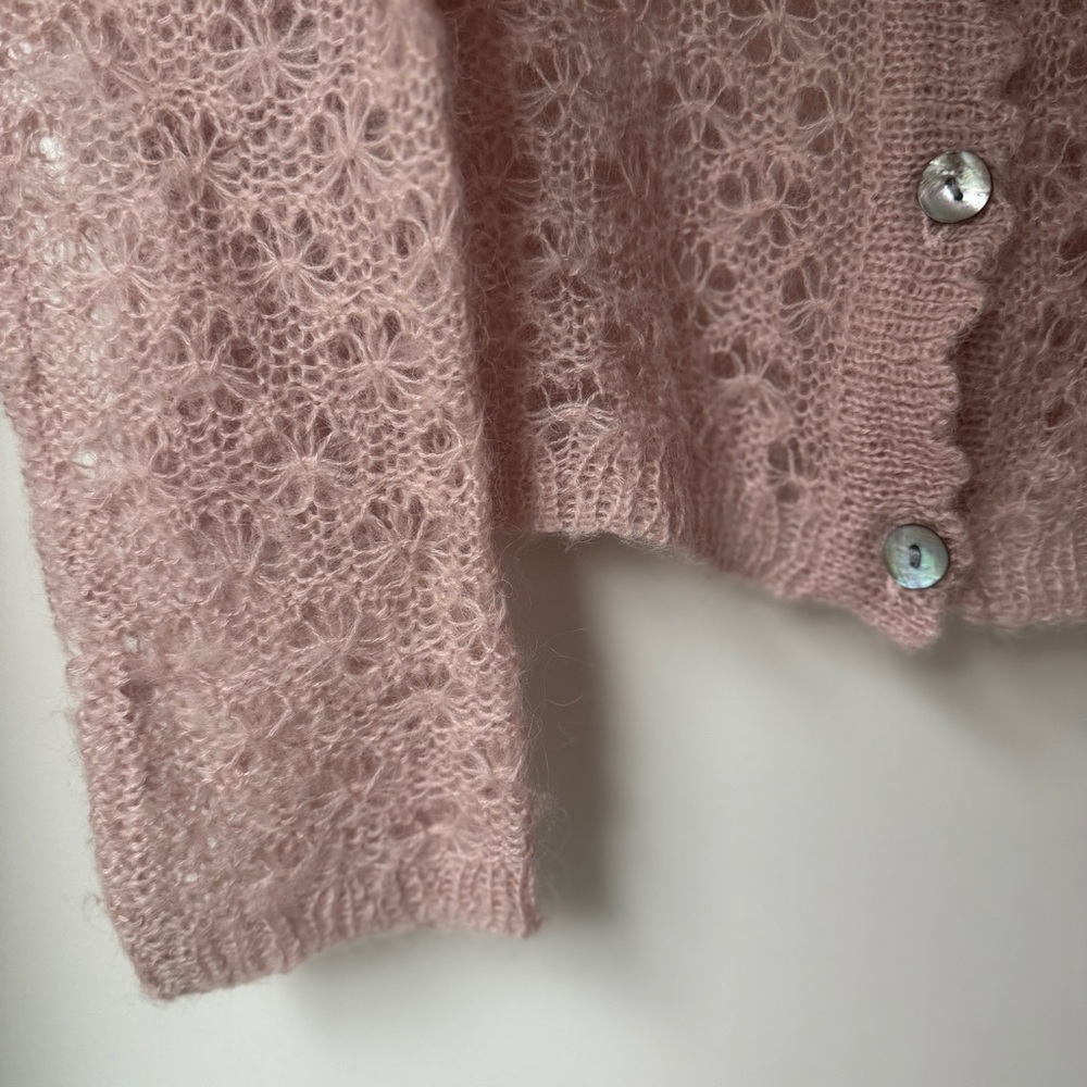 VINTAGE | MOHAIR WOOL BLEND KNIT COTTAGECORE COQUETTE SCALLOPED CARDI SWEATER - Picture 5 of 7